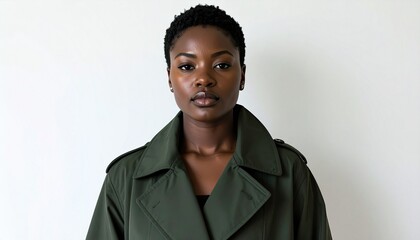Obraz premium a black woman with short hair wearing a dark green coat on a white background, fashion photography, fall winter collection
