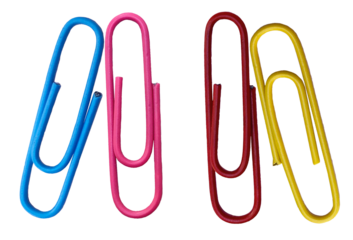 colorful paper clips in blue, pink, red and yellow arranged against a transparent background evoking fun creativity and office supply needs