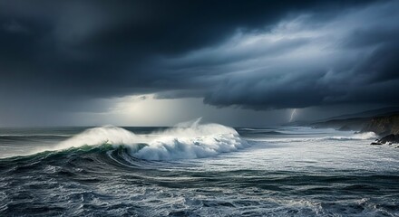Fototapeta premium Dramatic Ocean Wave Crashing under a Dark, Stormy Sky with Lightning