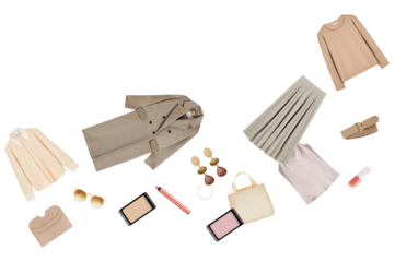 creative and dynamic women's fashion arrangement featuring autumn clothing and accessories, ideal for fashion blogs, online shops, and social media promotion