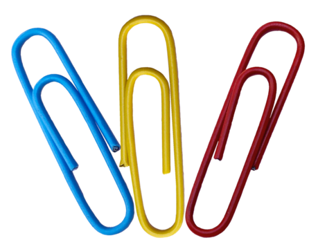 vibrant collection of single, colorful paper clips on a transparent background with simple forms evokes memories of school, office work and organization