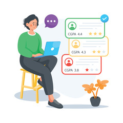 Student checking academic CGPA performance and report online, flat illustration