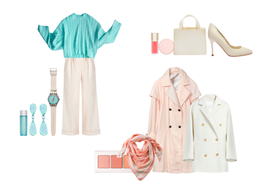 chic pastel wardrobe layout on black surface:  aqua knit, trousers, watch, cosmetics, bag, heels, trench, blazer, scarf for stylish presentations