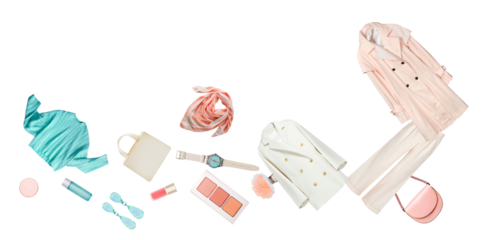 overhead shot of scattered fashionable apparel and accessories evoking a sense of dynamic style and visual appeal perfect for contemporary fashion layouts