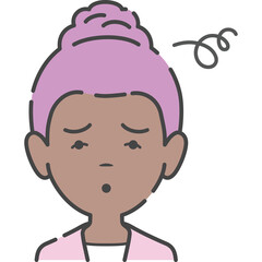 Illustration of a confused woman with purple hair and a pink jacket looking bewildered with a swirl above her head on a transparent background