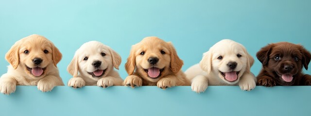 Obraz premium Four happy golden retriever puppies peek over a light blue background, showcasing their playful nature and irresistible charm