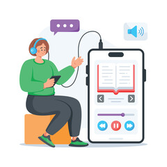 Student learning through educational audio lessons, flat illustration