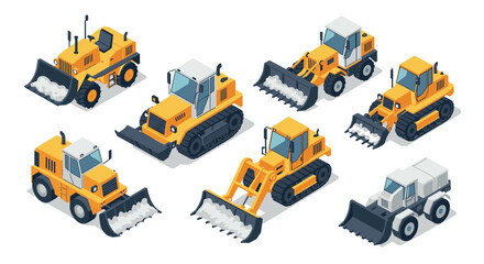 Obraz premium Heavy machinery with snow plows in isometric style for construction and winter maintenance