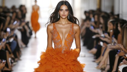 A stunning model gracefully showcases a vibrant orange ruffled gown with intricate embellishments on a fashion runway
