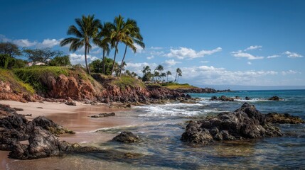 Stunning Makena Beach Scene Near Wailea Beach Park, Maui: Tropical Paradise with Palm Trees and Scenic Rocks
