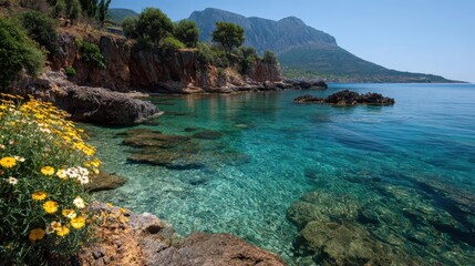 Fototapeta premium Stunning Seascape of Kardamyli: A Bright Blend of Mountain, Flora, and Crystal-Clear Waters in Messenia, Peloponnese