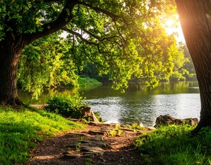Sunny path leads to a tranquil lake surrounded by lush green trees