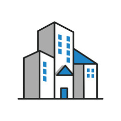 Naklejka premium Stylized graphic of gray and white buildings with blue windows and roof accents architecture icon