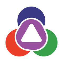 Three overlapping circles with a triangle inside a purple ring blue