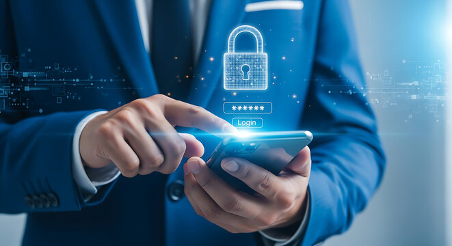 Businessman securing data on his smartphone with a digital padlock icon
