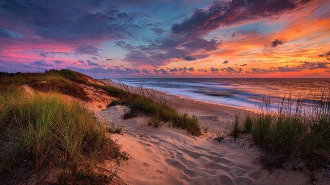 Sundown at Jockeys Ridge: A Vibrant Display of Colors Over North Carolina's Iconic Sand Dunes