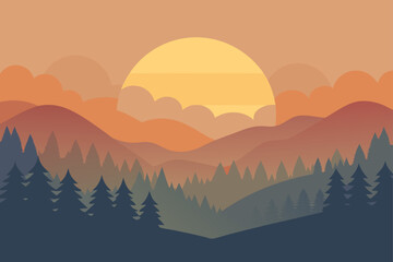 Obraz premium Vectorial illustration of a serene mountain landscape scene at sunset or sunrise, showing layered hills, pine forest silhouettes, and a large sun in the orange sky.