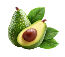 Ripe green avocado with leaves, one cut in half