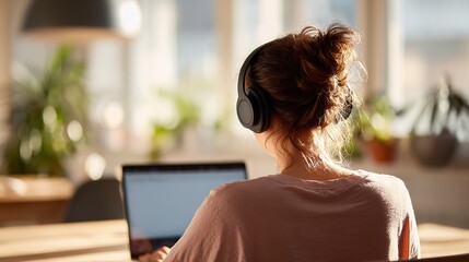 Remote worker engaged at tidy desk in bright room digital workspace indoor focused environment creative concept for productivity