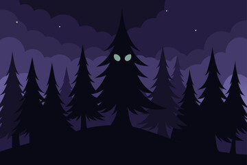 A creepy night forest illustration featuring silhouetted pine trees under a dark cloudy purple sky, with glowing green monster eyes hidden in the center trunk design.