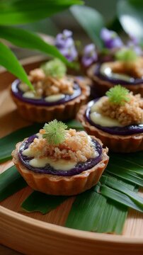 Delicious ube tarts with custard and crumble topping on bamboo platter