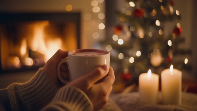 クリスマスの夜：暖炉の火とツリーの光を背景にココアを楽しむ