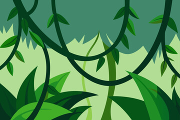 Lush green tropical jungle vector background illustration featuring dense rainforest foliage, hanging lianas, climbing vines, and layered exotic plants