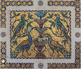 RAVELLO, ITALY - OCTOBER 7, 2025: The detail of medieval mosaic from pulpit - Ambone del Vangelo in the Cathedral by Nicola di Bartolomeo da Foggia (1272)