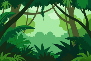 Lush tropical rainforest frame vector illustration background featuring dense green foliage, large leaves, vines, and thick jungle trees creating copy space for design projects