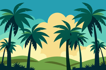 Tropical palm tree forest landscape illustration in flat graphic vector style with vibrant sunset colors showcasing an exotic island getaway scene and rolling green hills.