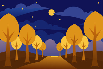 Autumn night landscape with a golden forest avenue under a dark blue sky, clouds, stars, and full moon, stylized vector illustration of an evening path