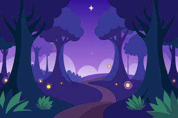 Nighttime forest landscape flat vector illustration with winding path through magical purple woods under a starry sky featuring stylized trees and glowing fireflies