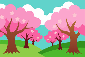 Spring landscape illustration featuring vibrant pink cherry blossom trees and green rolling hills under a bright turquoise sky with fluffy white cartoon clouds, depicting nature and blooming season
