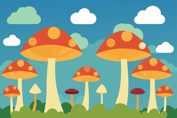 Stylized vector illustration of a vibrant fantasy forest scene featuring large red and orange toadstools and small fungi in green grass under a blue sky with whimsical clouds.