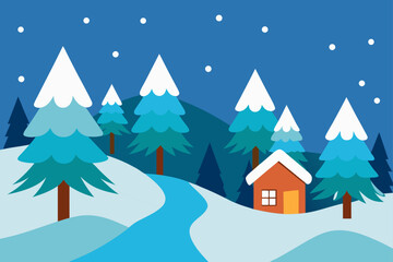Cozy winter landscape illustration featuring a small wooden cabin nestled among snowy evergreen pine trees, winding path, and falling snow under a serene blue night sky.
