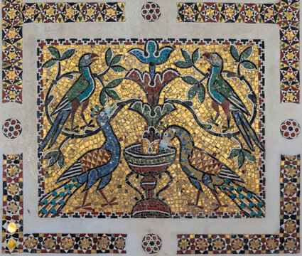 RAVELLO, ITALY - OCTOBER 7, 2025: The detail of medieval mosaic from pulpit - Ambone del Vangelo in the Cathedral by Nicola di Bartolomeo da Foggia (1272)