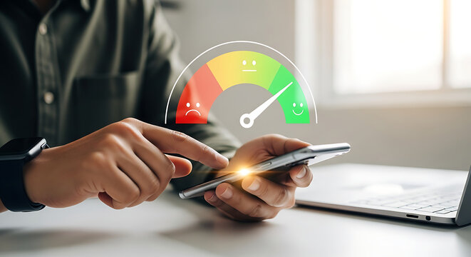 Man using smartphone for customer satisfaction evaluation and feedback scale