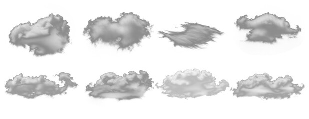Cloud brush set collection of eight gray cloud illustrations isolated on a transparent background, perfect for adding atmospheric elements to your designs and projects