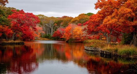 Vibrant Cape Cod Autumn: Foliage Splendor at Dennis Duck Pond in Massachusetts