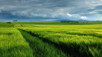 Fototapeta premium Vibrant Gryka Field Beneath a Sunny Sky - Spring Landscape of Rural Farming with Lush Green Crops