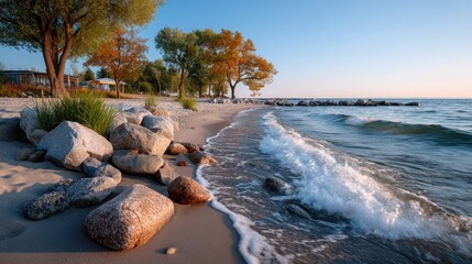 Obraz premium Serene Lakeshore With Gentle Waves Under Golden Sunlight And Autumn Trees In Warm Colors With Rocky Beach And Clear Blue Sky