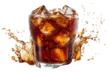Cold bubbly dark beverage with ice and liquid splash