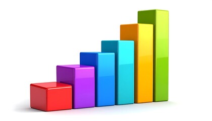 3D realistic bar chart icon with colorful vertical bars and soft shadow, symbol of business growth, financial analytics, and data report, isolated on white background.