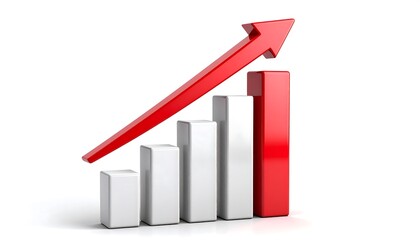 3D realistic bar graph with rising arrow, representing business growth, financial success, and positive economic trend, isolated on white background.