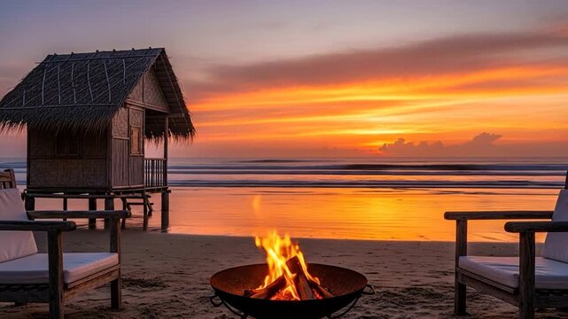 Sunset Beach Getaway: Relax by the Fire, Lounge Chairs, Thatched Hut Paradise