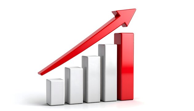 3D realistic bar graph with rising arrow, representing business growth, financial success, and positive economic trend, isolated on white background.