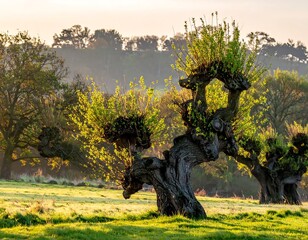 Twisted trees in a sunlit field with a hazy background