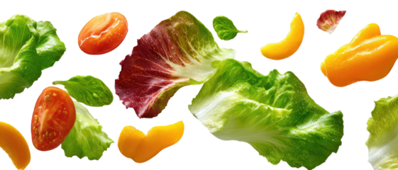 Fresh salad ingredients in a vibrant, scattered arrangement on black