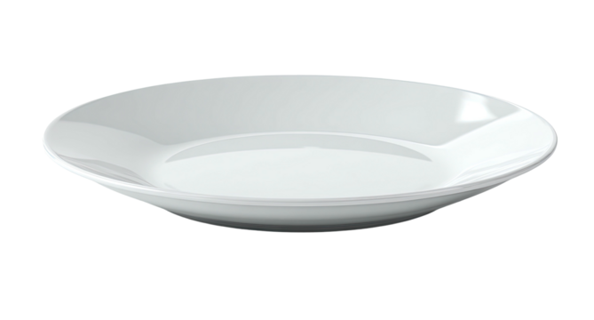 A clean, white, ceramic dinner plate with a slight rim