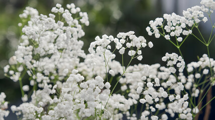 Delicate baby's breath flowers in clusters, side-lit bright light, pure pale white, ethereal airy feeling, innocent gentle mood
